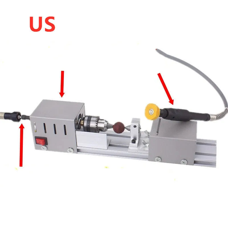 Mini metal woodworking lathe with carving knives and accessories for small craft projects