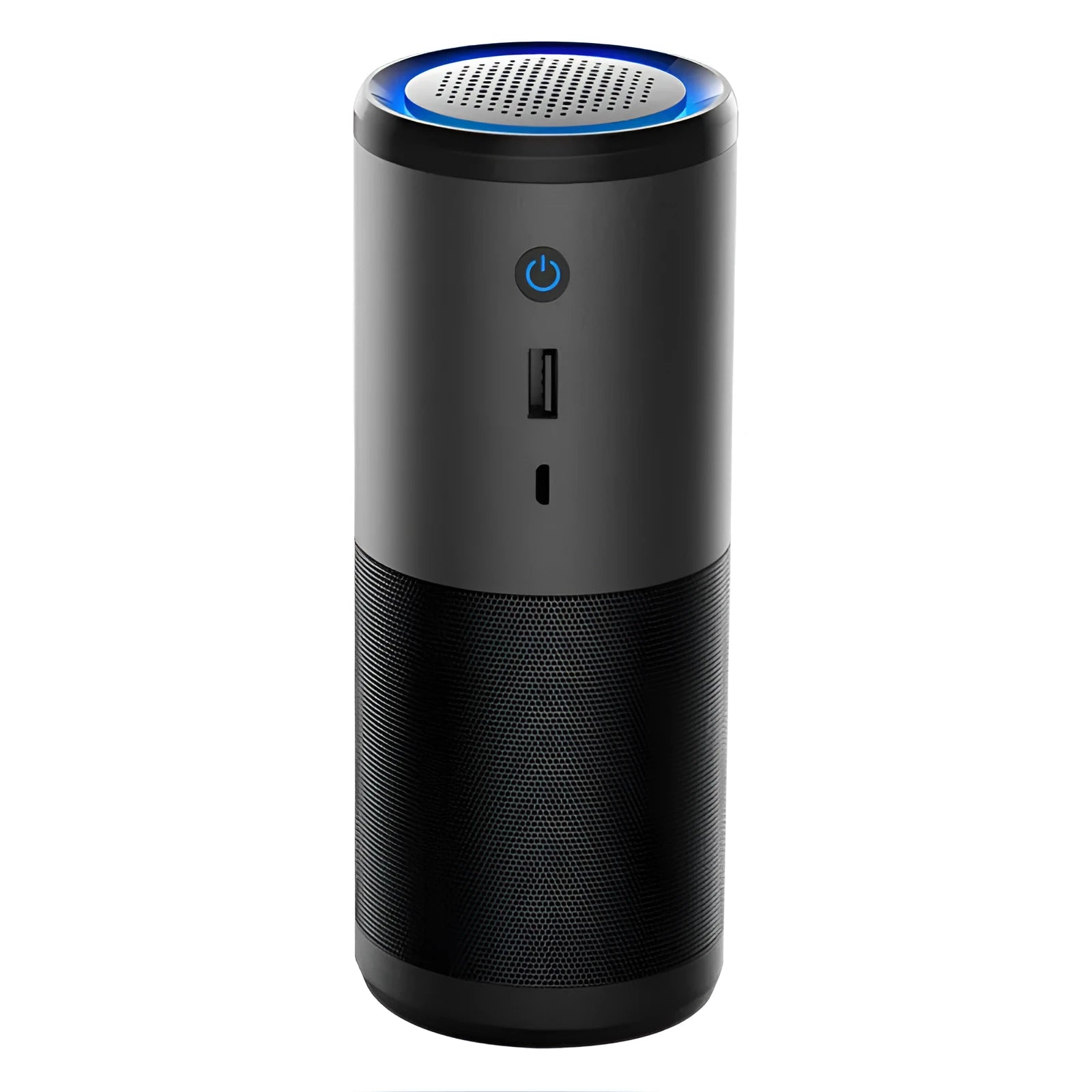 Black portable mini car air purifier with USB charging port on a metal body.