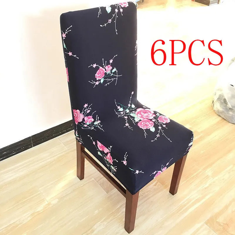A stretchy spandex chair cover fitted neatly on a four-legged wooden dining chair.