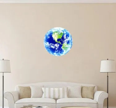 Glow in the dark 3D Earth planet wall sticker in luminous PVC material on a dark background.