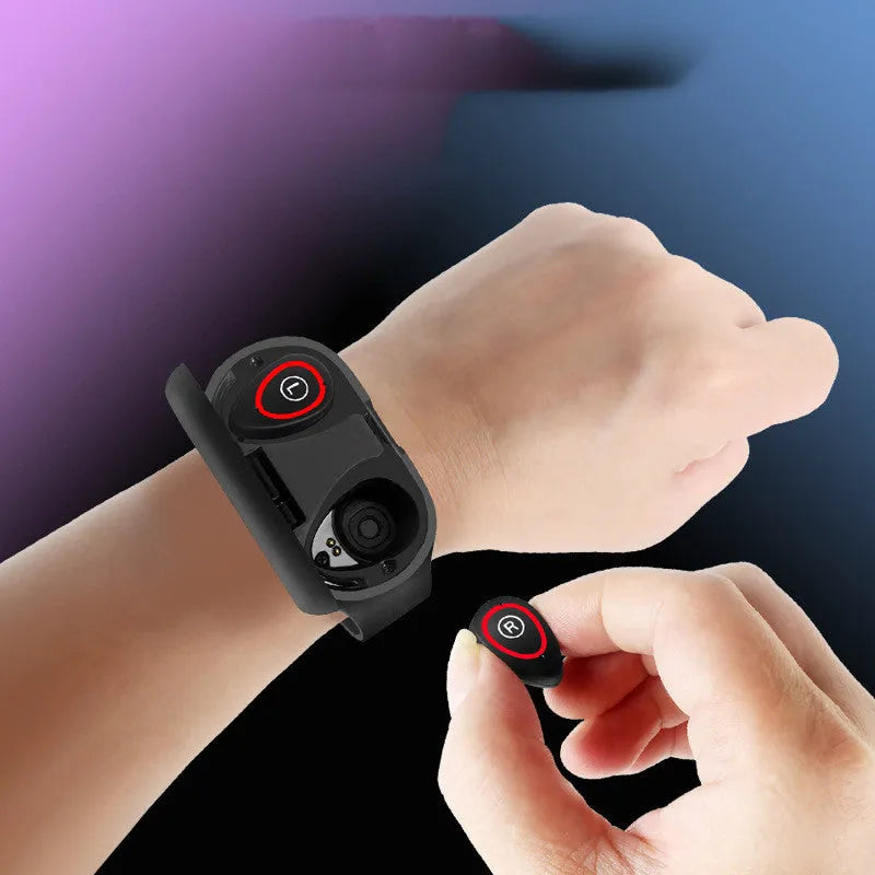 Smart bracelet with integrated wireless earphone in silicone wristband showing display screen and available in black, blue, or red colours