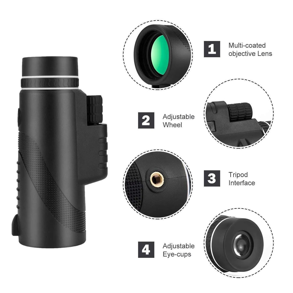 Black HD 40x60 mobile phone monocular telescope with 40x magnification and waterproof design