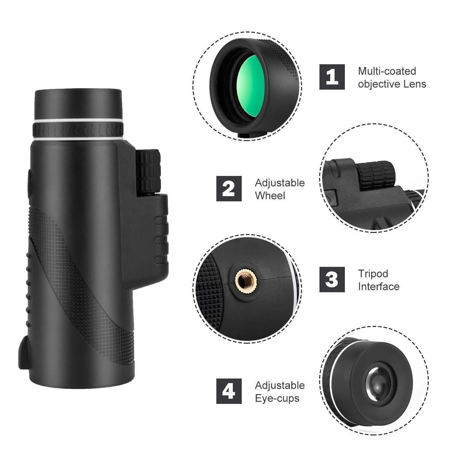 Black HD 40x60 mobile phone monocular telescope with 40x magnification and waterproof design