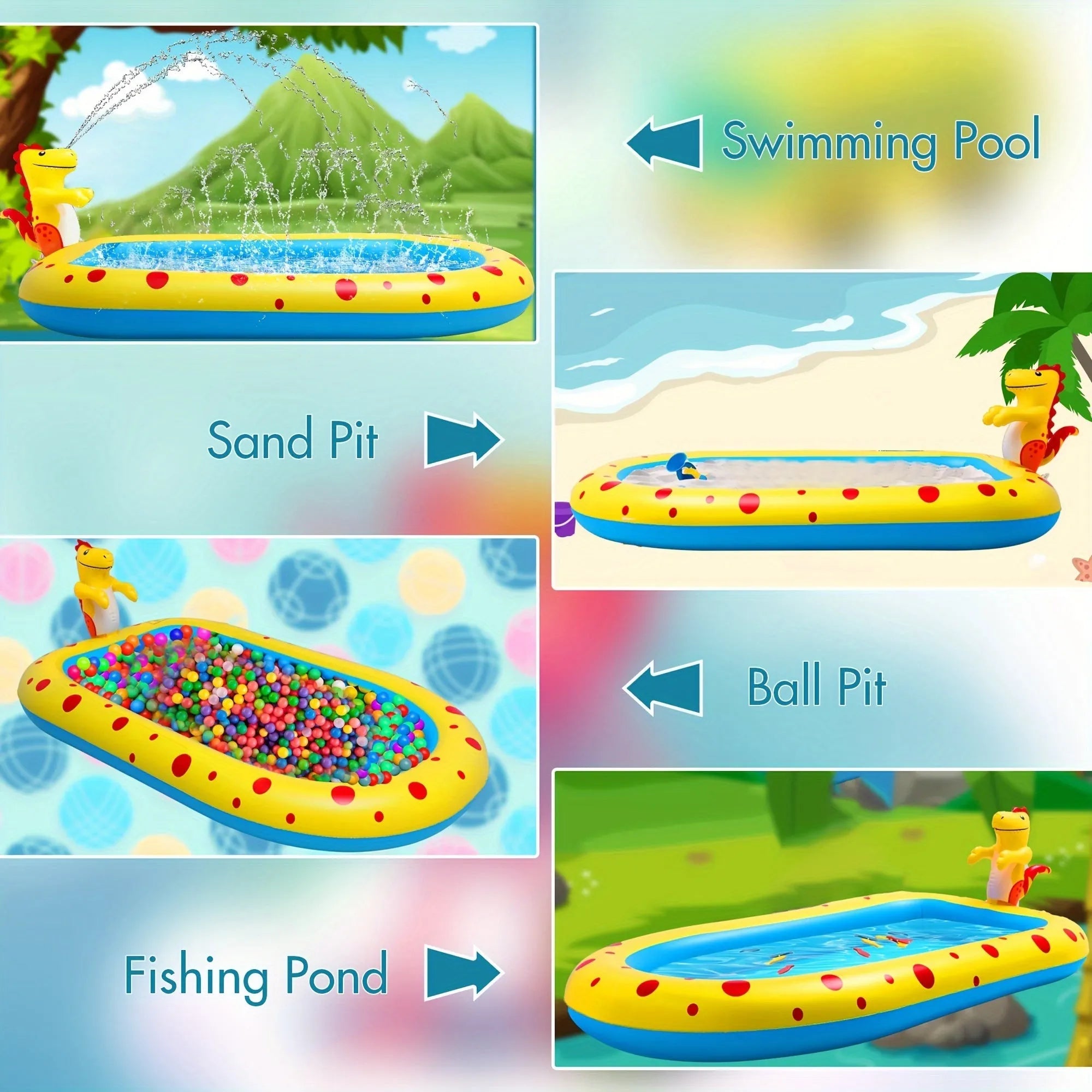 Blue dinosaur water spray pool play mat for kids measuring 170cm with water spray feature