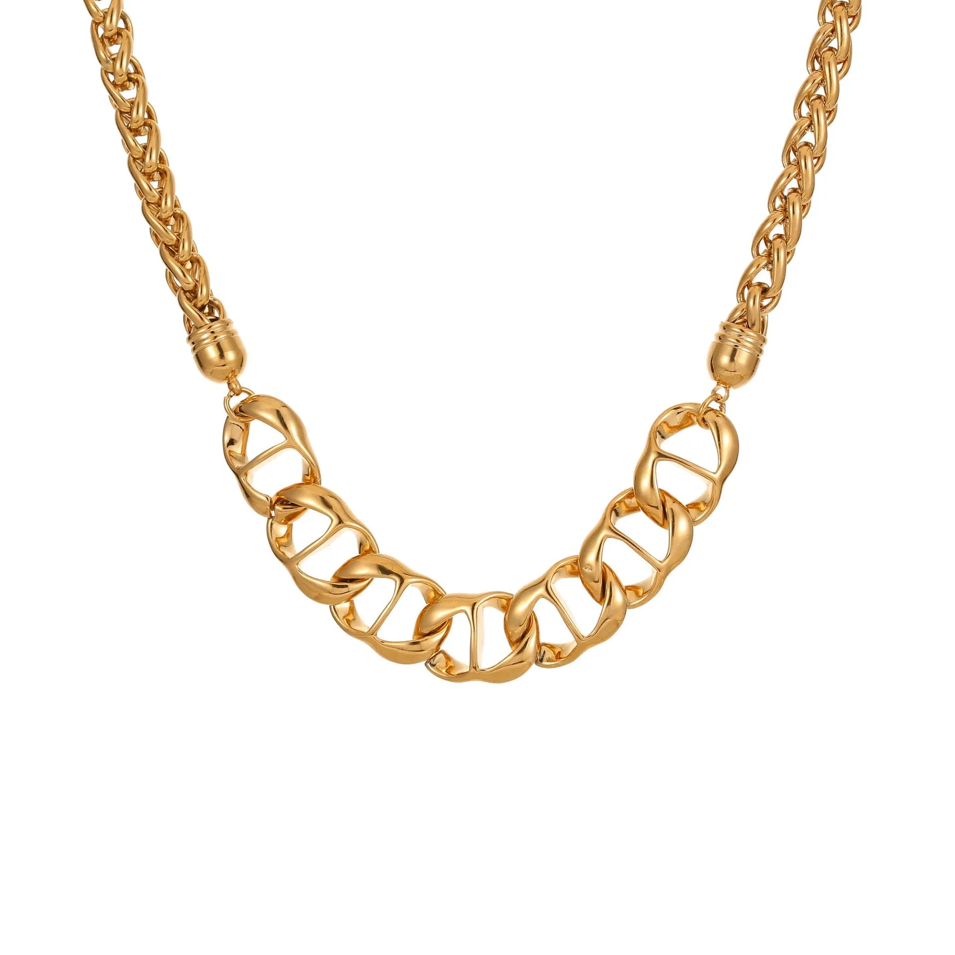 Stainless steel geometric pendant necklace with gold plating on regular chain