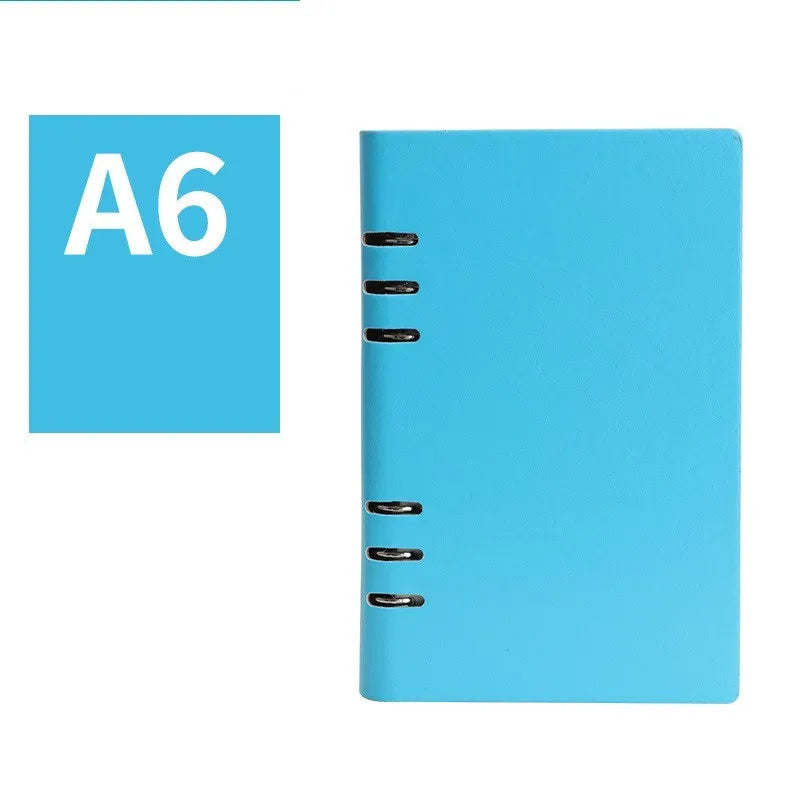 Loose-leaf business notebook with imitation leather cover in five colour options, shown in A5, A6, and B5 sizes.
