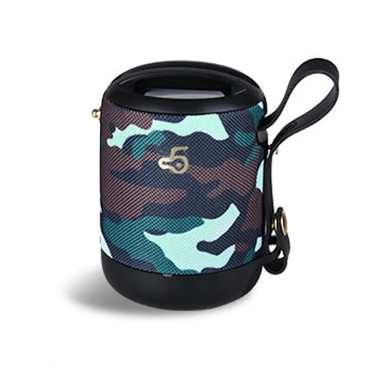 Portable wireless bluetooth speaker with leather case in black, blue, camouflage, grey, or red colour options.