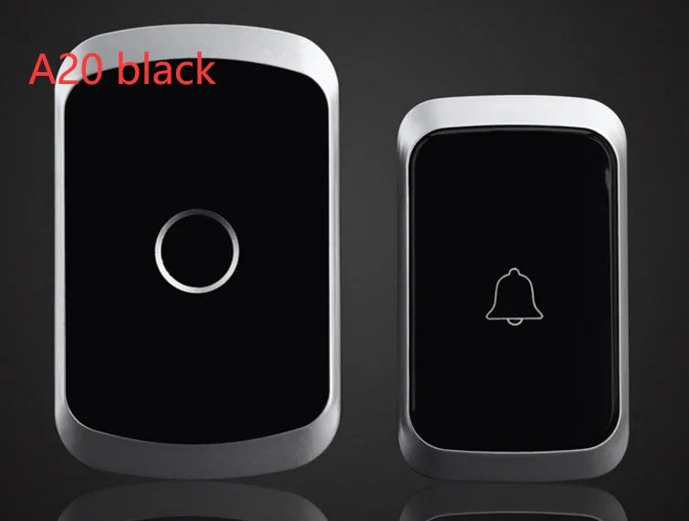 Wireless doorbell receiver and push button transmitter with colour options of black, white, silver, and gold.