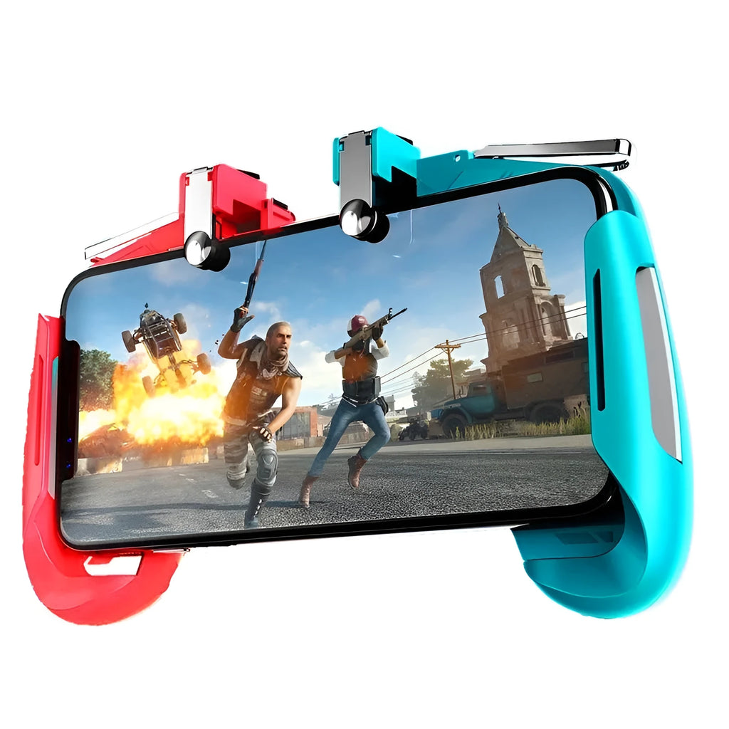 OEM adjustable telescopic mobile game controller handle in black, blue, and white colours for smartphones.