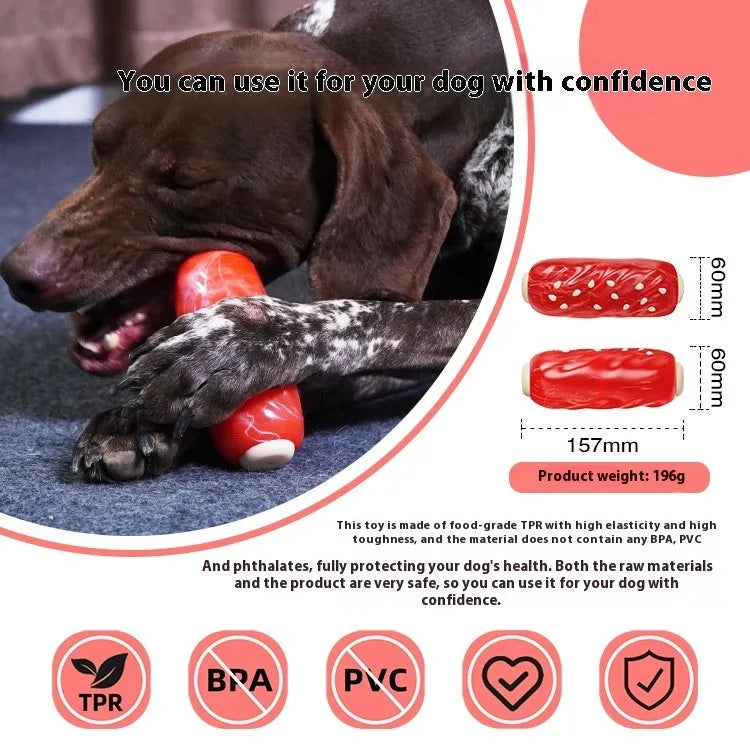 Primary colour plastic dog toy shaped with a molar rod for holding treats
