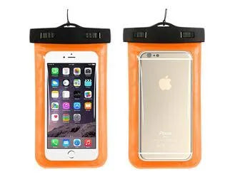 AQUA-ONE transparent waterproof phone pouch in assorted colours, showing phone inside.