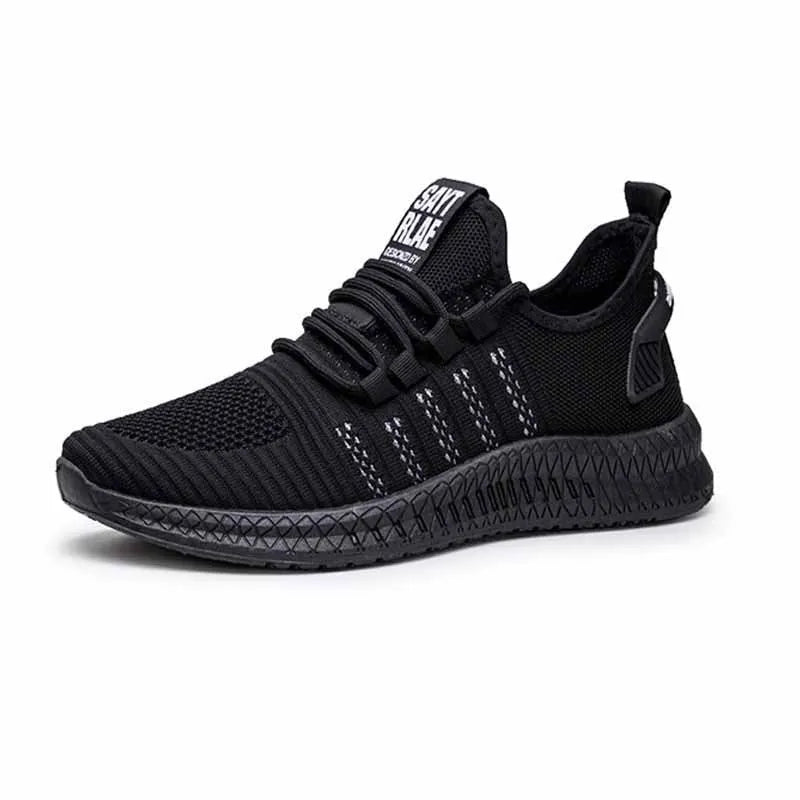 Men's black casual low-top trainers with flying weave upper, cross straps, and a striped pattern.