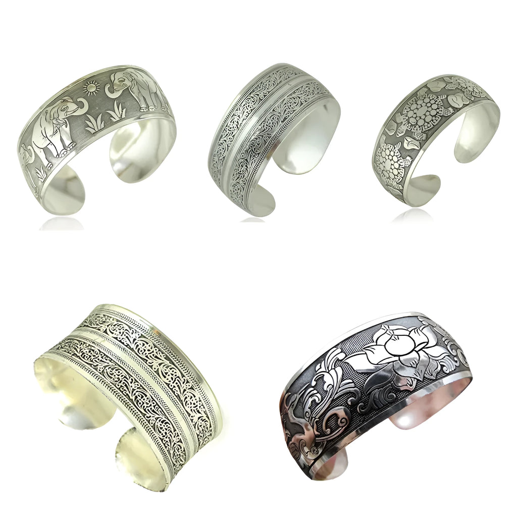 Ethnic carved open silver tone alloy bracelet with Roman shape in Turtle or Elephant colour option