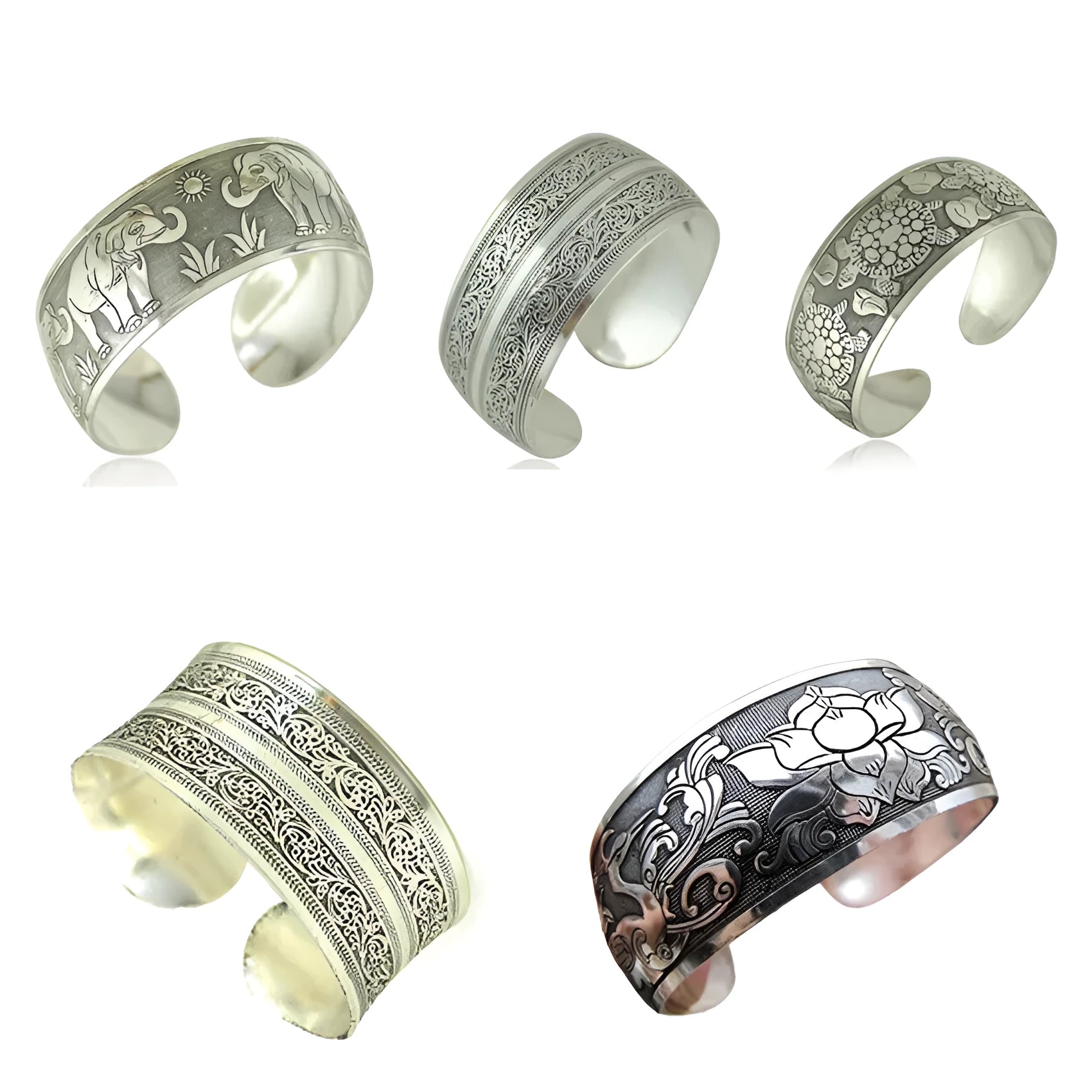 Ethnic carved open silver tone alloy bracelet with Roman shape in Turtle or Elephant colour option