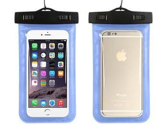 AQUA-ONE transparent waterproof phone pouch in assorted colours, showing phone inside.