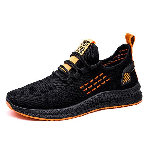 Men's black casual low-top trainers with flying weave upper, cross straps, and a striped pattern.