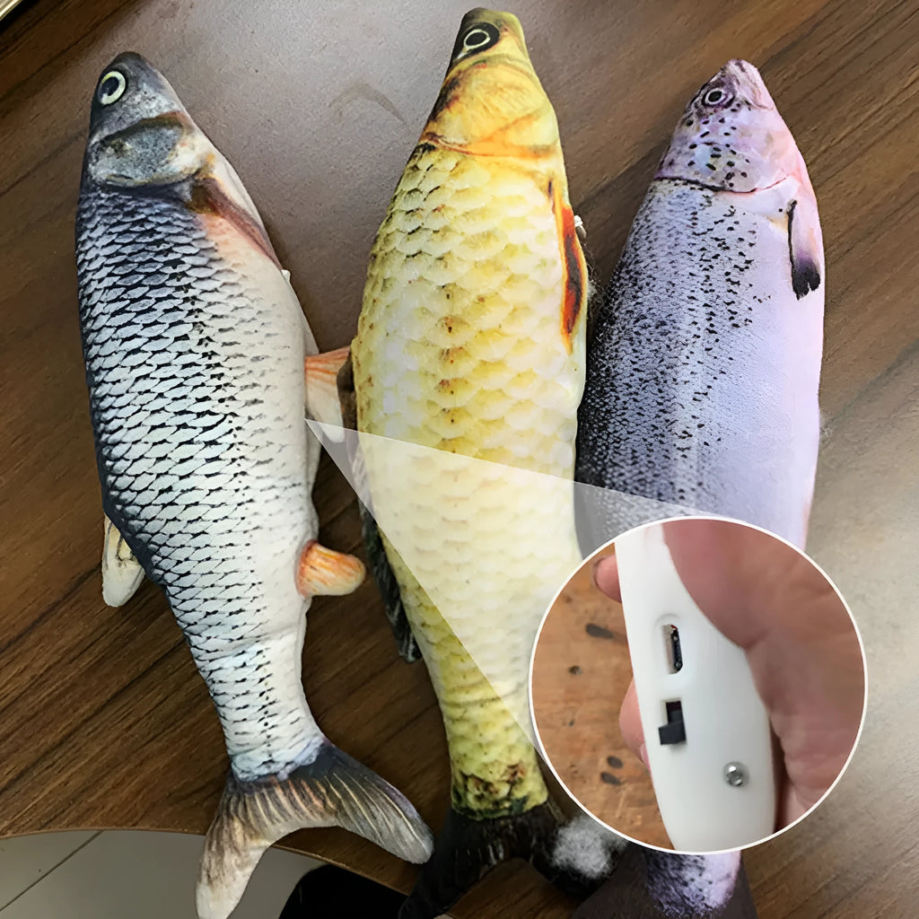 USB rechargeable electric jumping fish simulation cat toy, 30 cm long in multicolor options.