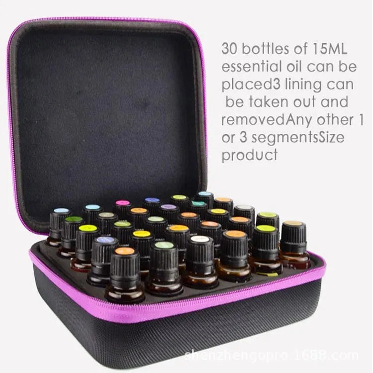 Red EVA cube essential oil storage bag with 30 compartments for 15ml bottles, shown wall-mounted.