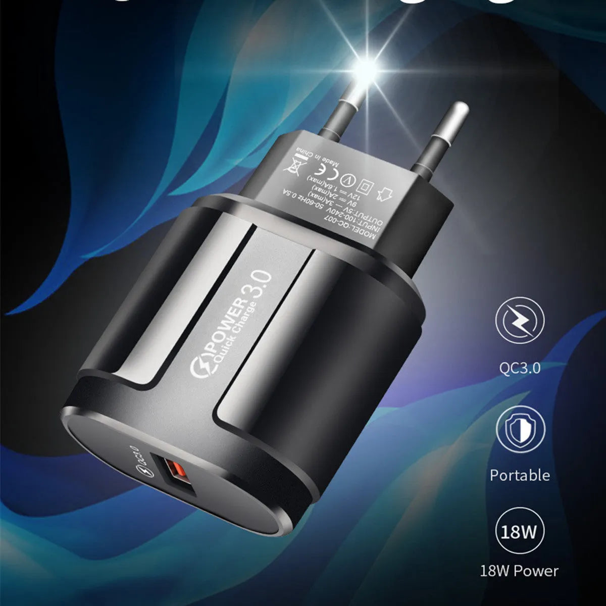 White and black mobile phone charger with international plug options showing compact dimensions