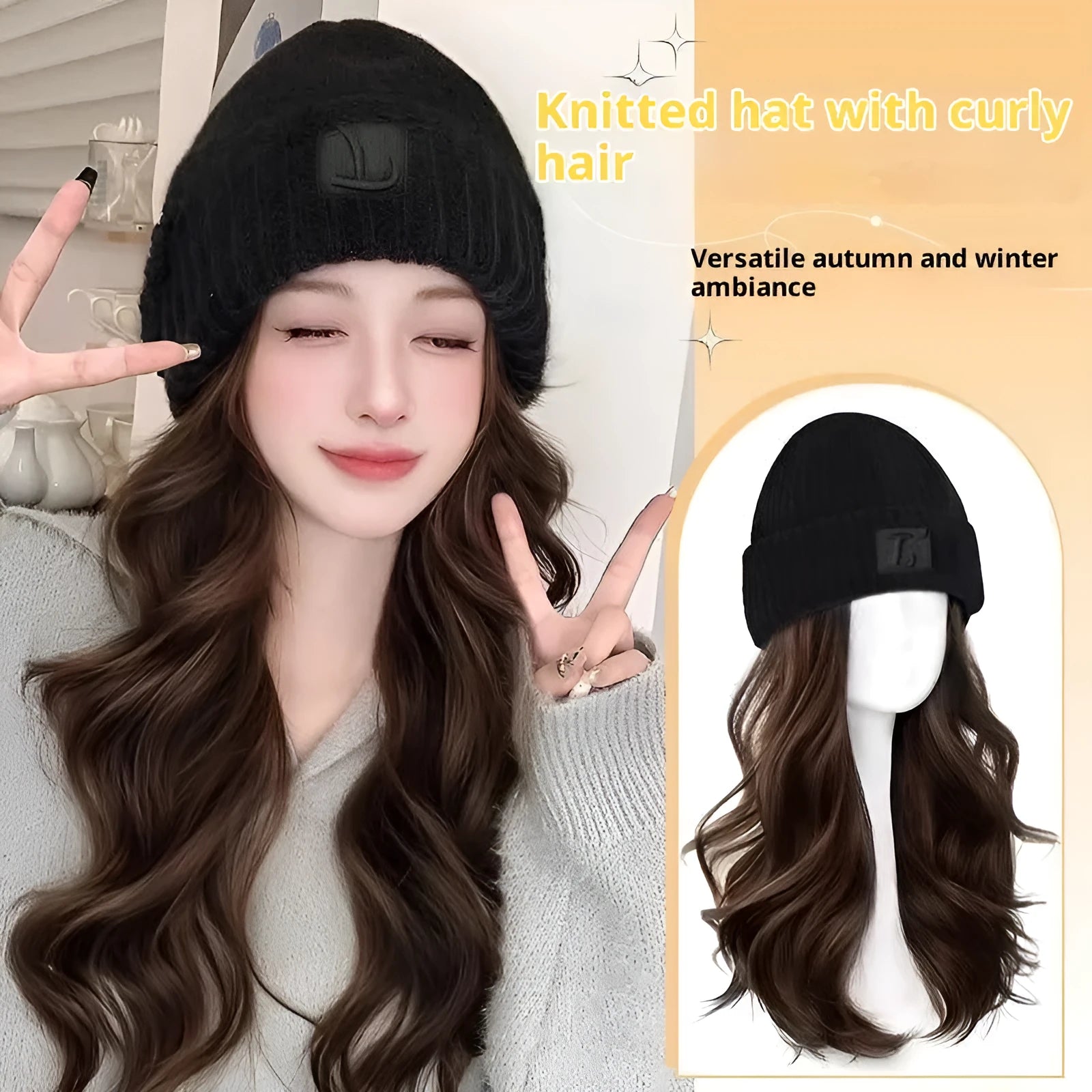 Hat wig women integrated big wave full-head style protein filament medium long hair brown black