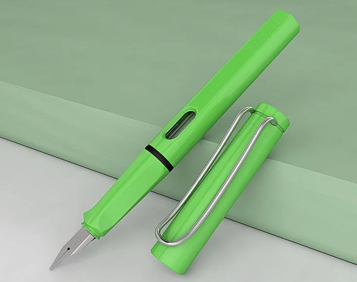 Engravable calligraphy practice fountain pen with iridium nib and visual window