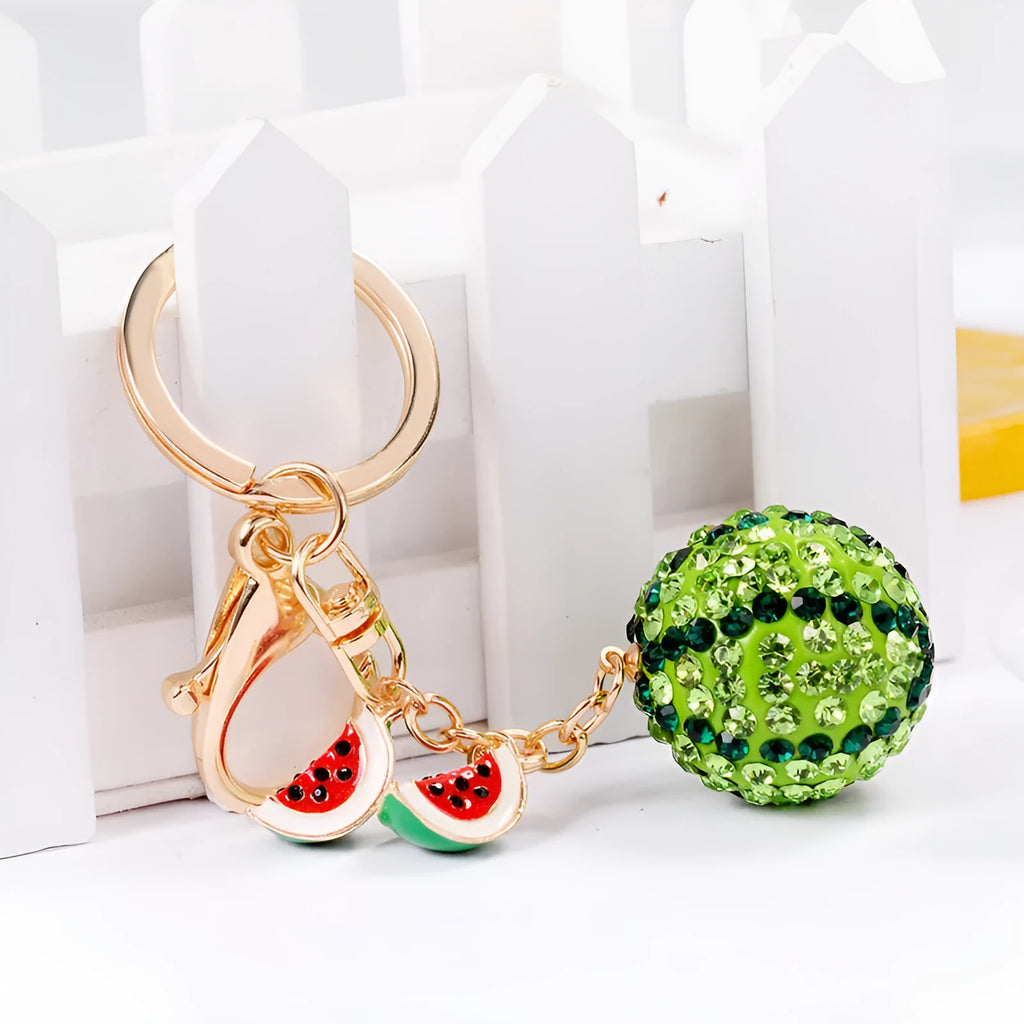 Green watermelon-shaped zinc alloy keychain measuring 12cm with keyring.