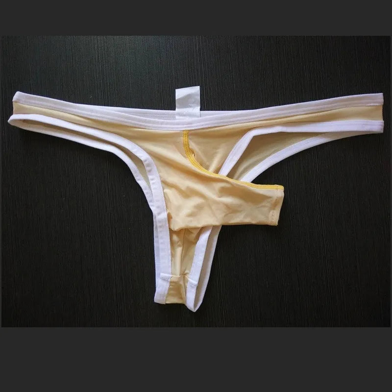 Men's ice silk nylon briefs in seven colour options on a size chart
