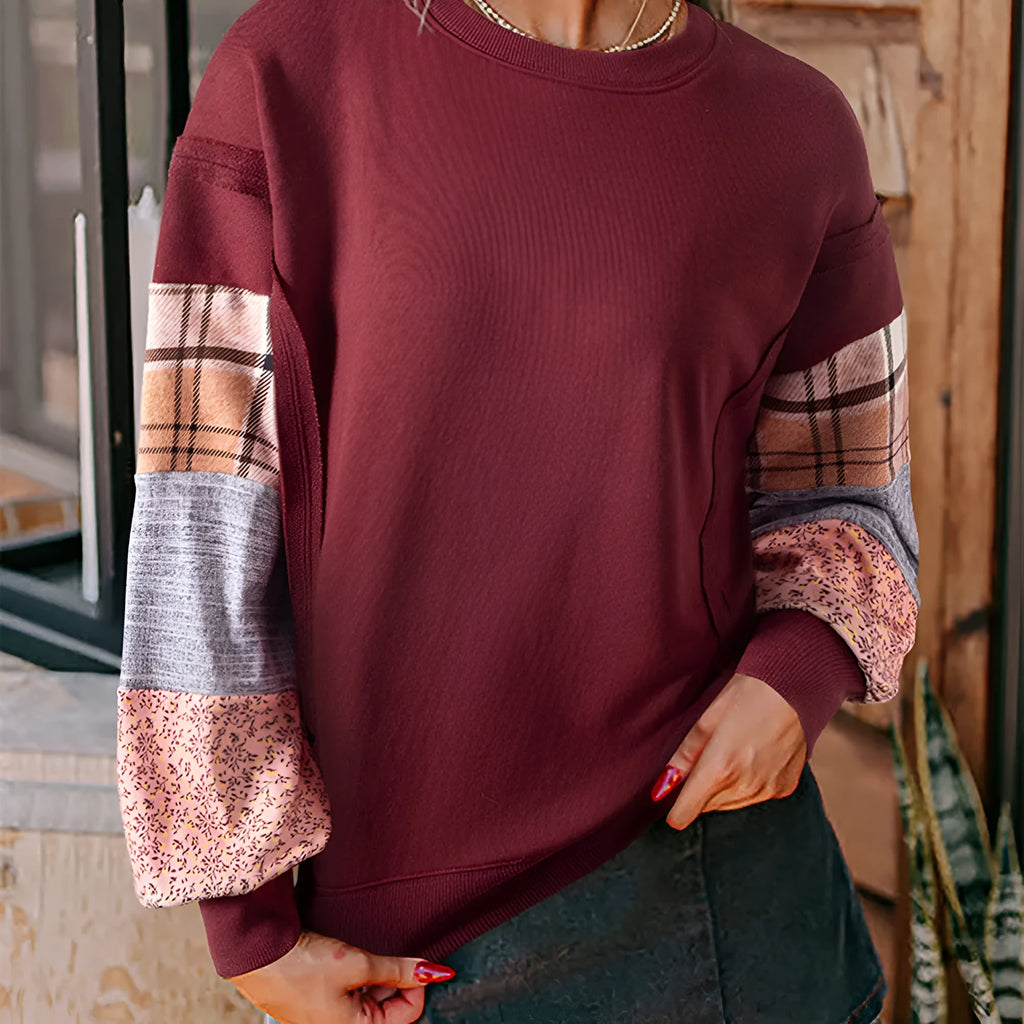 Women's apricot and red plaid stitching long-sleeved polyester top with Japanese-Korean casual style