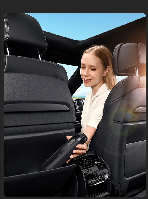 Baseus handheld car vacuum cleaner in black, white, or green, shown with blowing hose attachment.