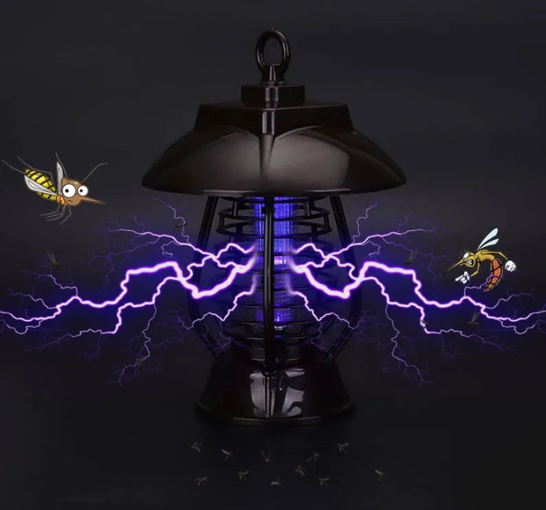 Black solar-powered mosquito lamp with solar panel and LED lights for outdoor insect control
