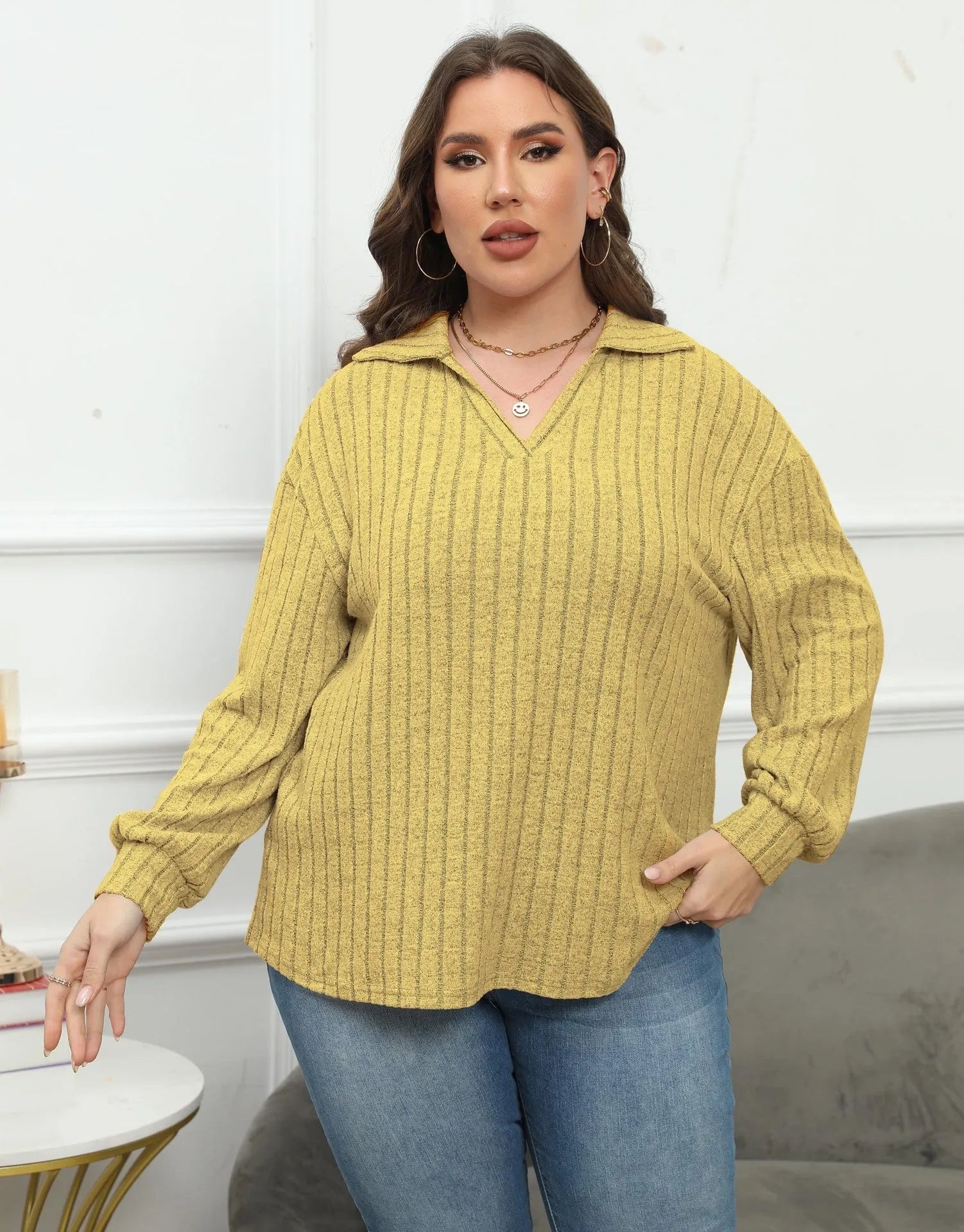 Women's plus size polo collar Gothic shirt with lantern sleeves in melange gray polar fleece