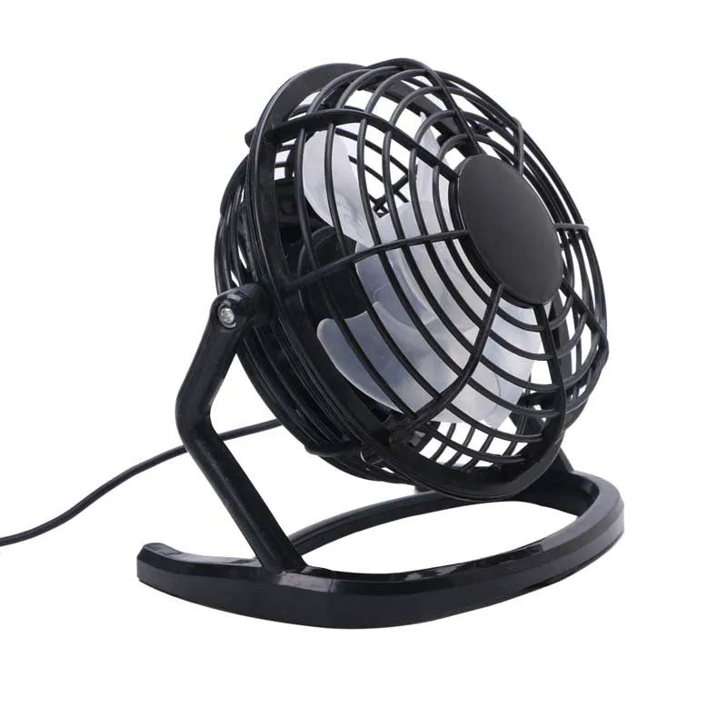 Mini USB desk fan in black colour with adjustable tilt, showing 96mm blades and USB cable