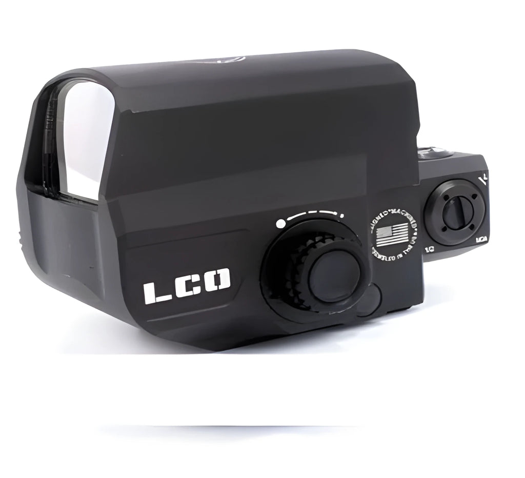 Red dot reflex sight with holographic reticle mounted on 20mm rail system for tactical rifles