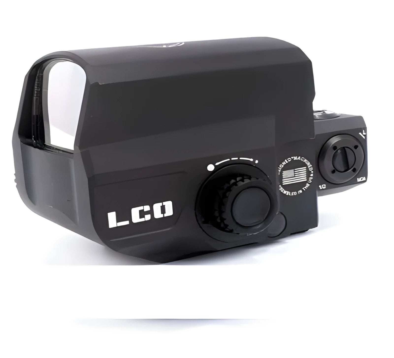 Red dot reflex sight with holographic reticle mounted on 20mm rail system for tactical rifles