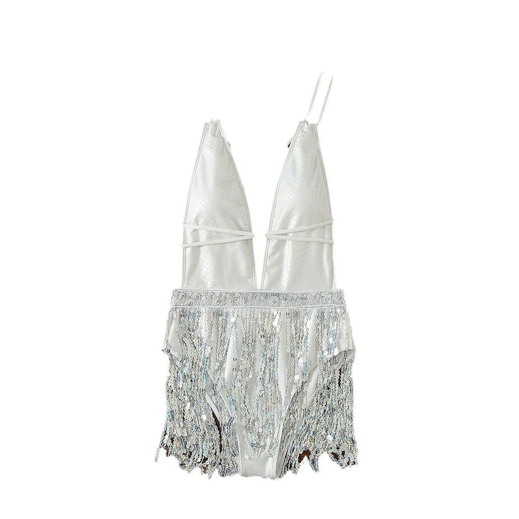 White women's one-piece swimsuit with deep V-neckline and tassels, sleeveless briefs style.