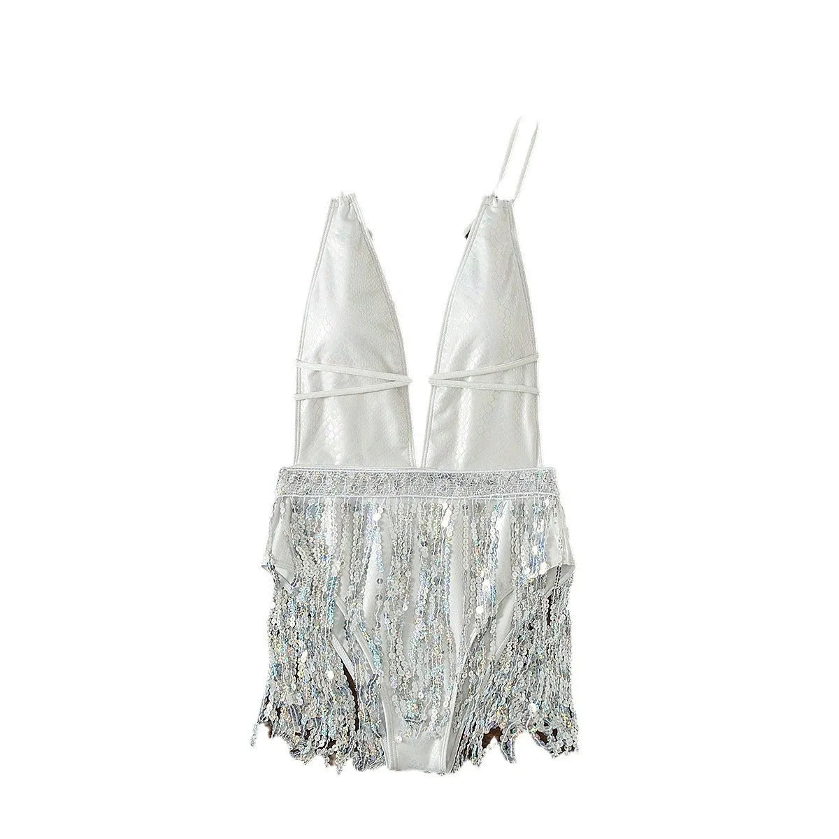 White women's one-piece swimsuit with deep V-neckline and tassels, sleeveless briefs style.