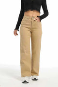 Women's high waist straight jeans in apricot and khaki colours with wide leg cut