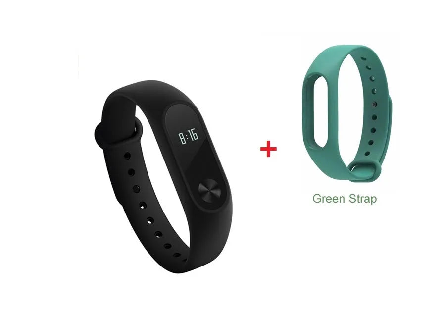Black Xiaomi Mi Band 2 fitness tracker on wrist showing OLED display with heart rate data.