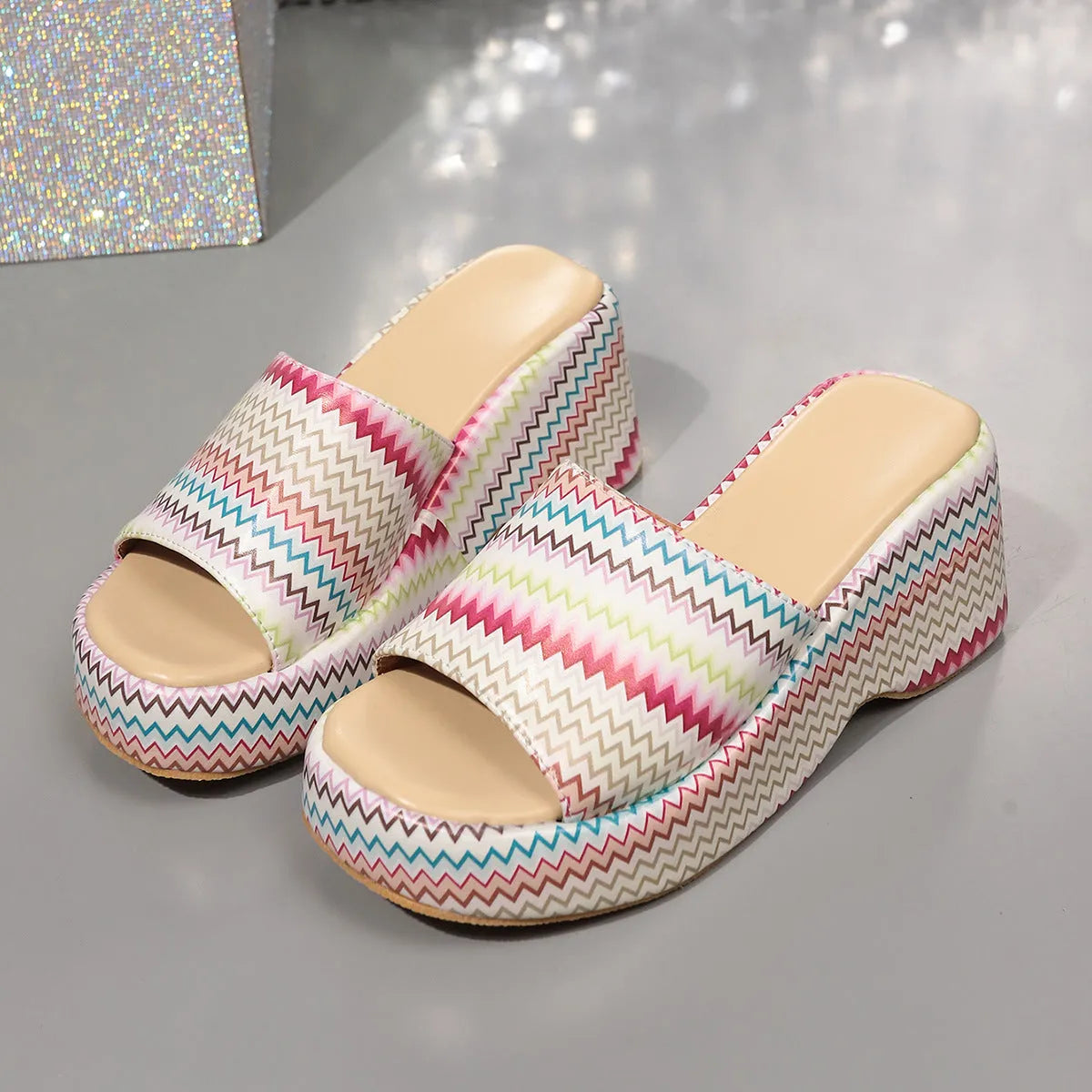 Women's wedge sandals with colourful wave print and fish mouth toe on thick rubber sole