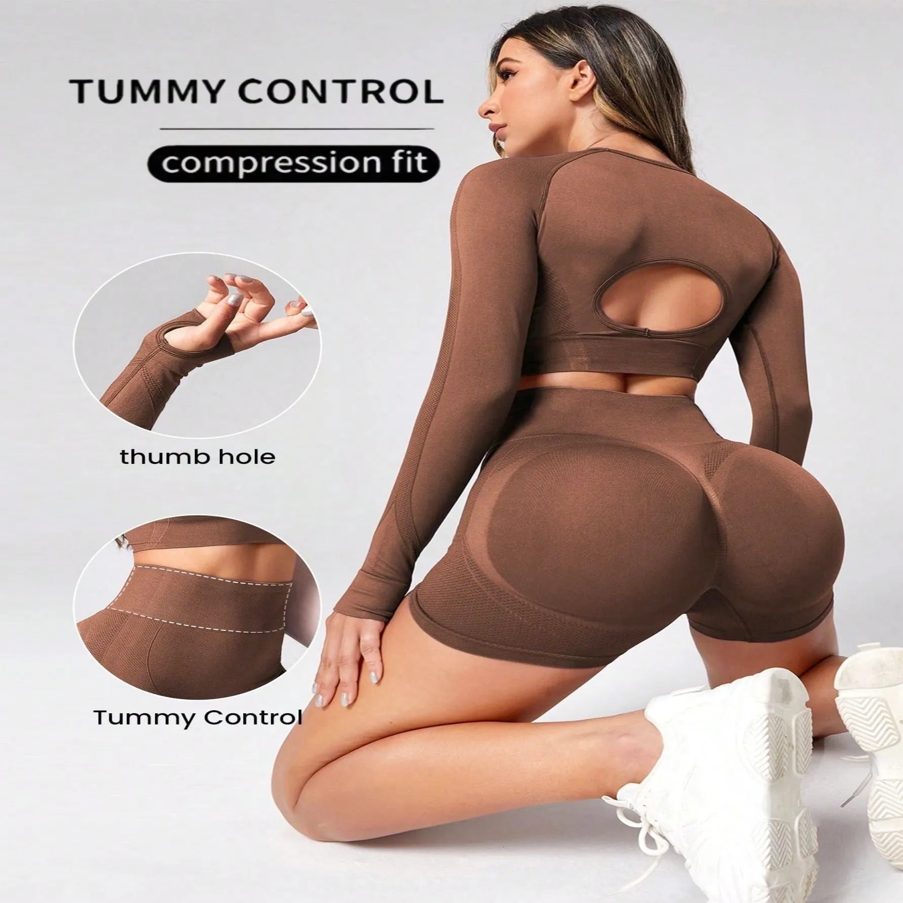 Women's black high-waisted yoga suit set with long sleeves and tight fit