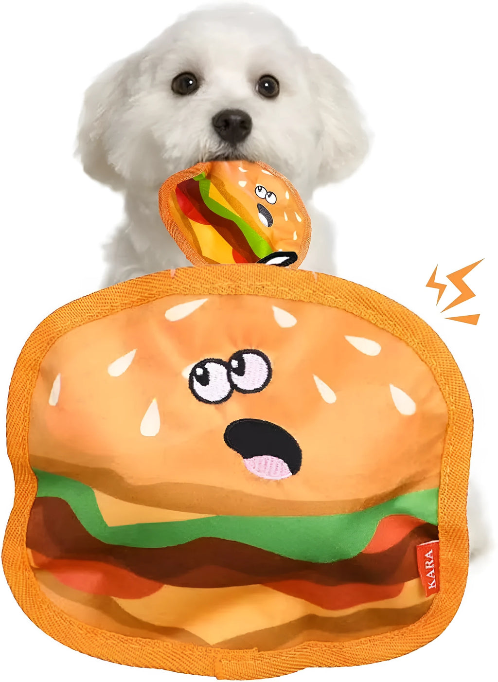 Hamburger-shaped crinkle and squeaky dog toys without stuffing for safe interactive play