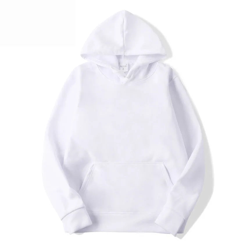 White cotton blend unisex hooded pullover on a hanger, showing long sleeves and hood.