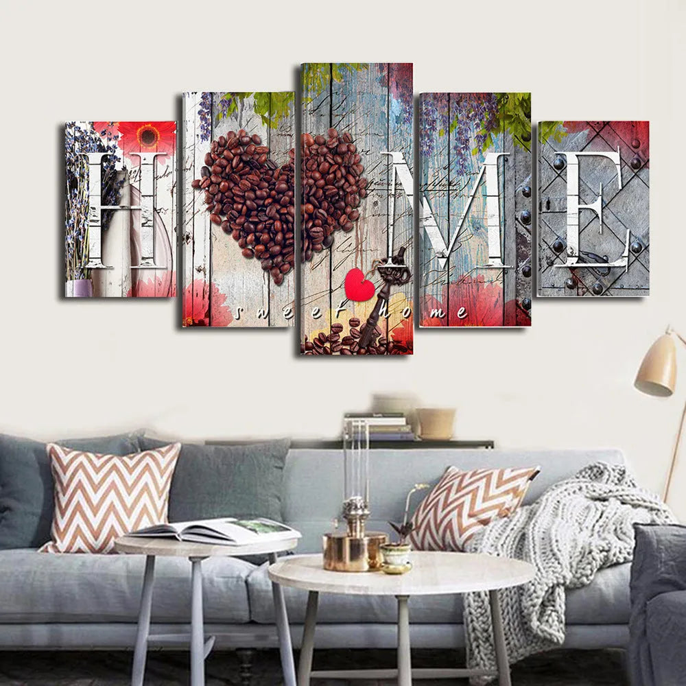 Red oil painting decoration boards in multiple sizes arranged on wall