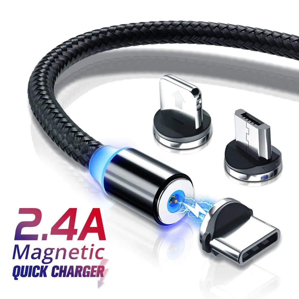 Magnetic USB charging cable with LED indicator showing black and red colour options