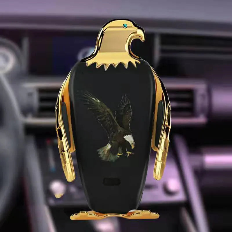 Black and gold wireless charging car phone holder with eagle design and suction cup mount