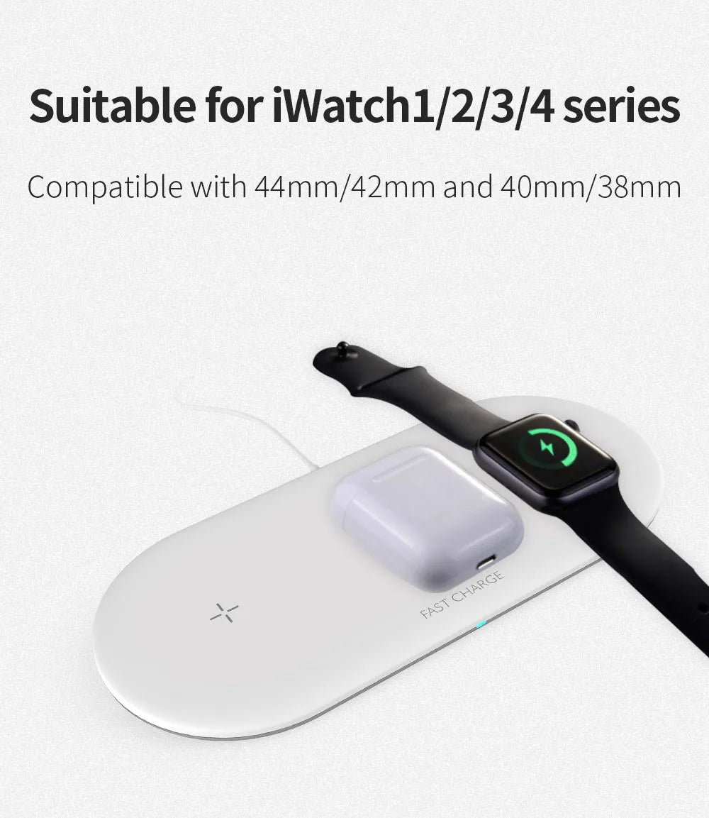 A black or white 3-in-1 wireless charging station for Apple iPhone, watch, and headphones on a desk.