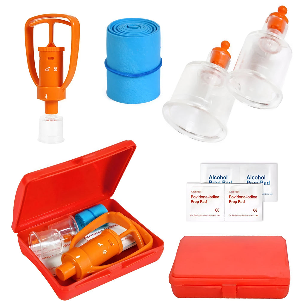 Orange portable venom extractor suction device with two cup sizes, pump, tourniquet and swabs in a storage box.