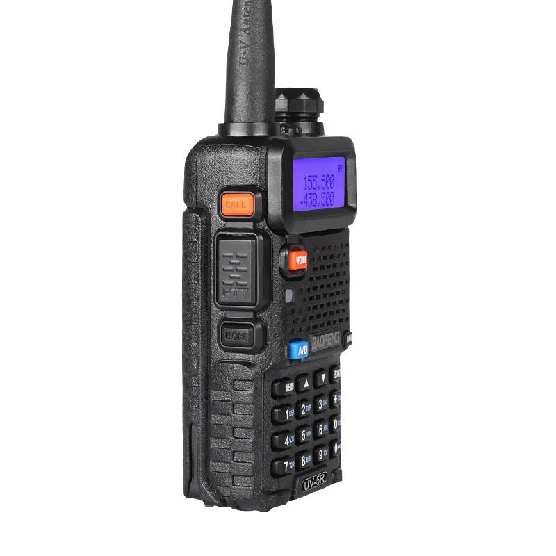 Handheld dual-band VHF/UHF walkie talkie with antenna showing compact dimensions