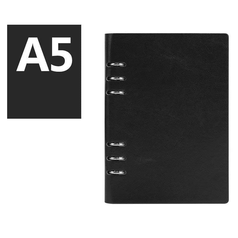 Loose-leaf business notebook with imitation leather cover in five colour options, shown in A5, A6, and B5 sizes.
