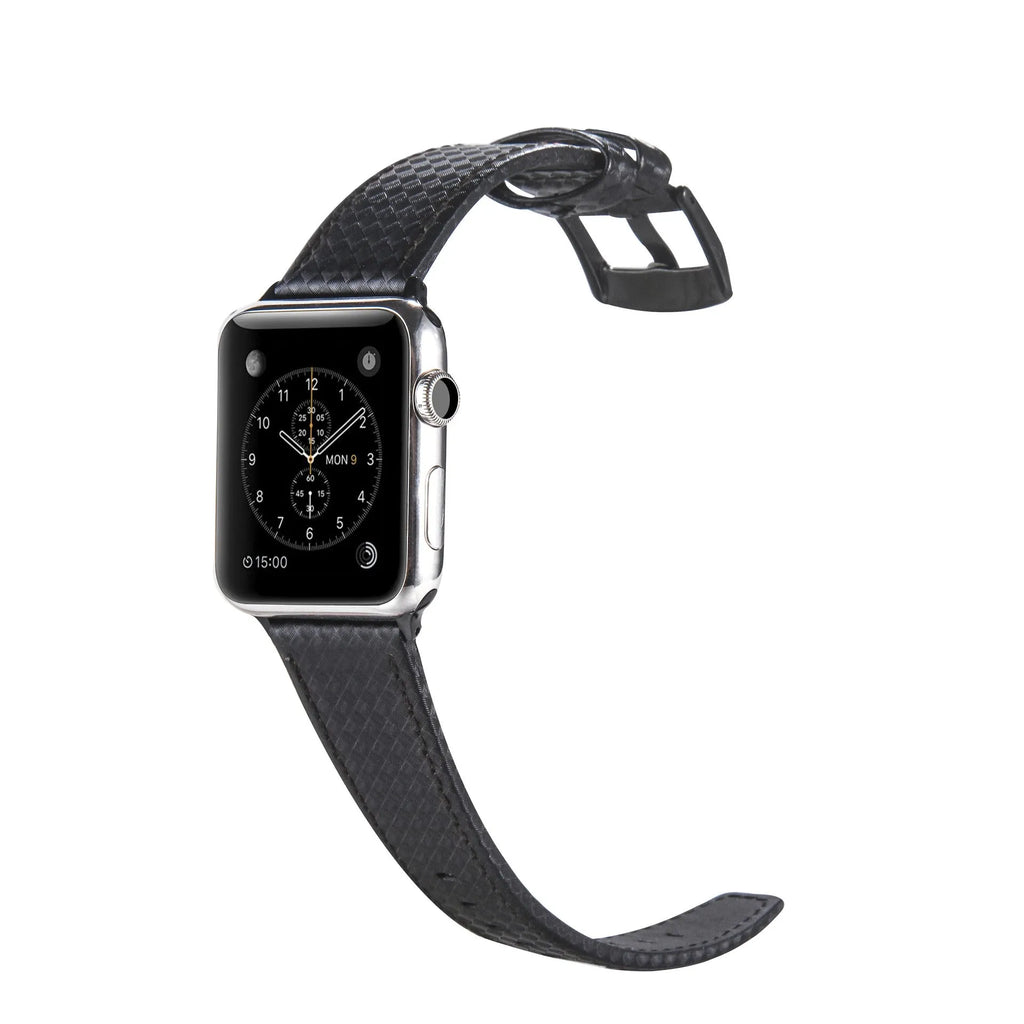 Carbon fibre leather Apple Watch strap showing red, black, orange, and blue line colour options